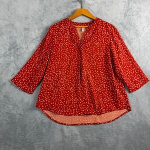 Viishow Womens L Burnt Orange Floral Blouse 3/4 Sleeve V-Neck Office Siren Boho